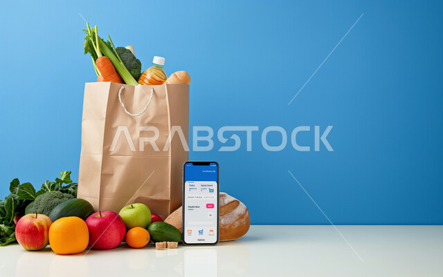 التسويق للمنتجات عبر مواقع التواصل الإجتماعي، التسوق وشراء احتياجات المنزل من خلال الهاتف المحمول، كيس ورقي مليء بالخضراوات والأطعمة الصحية بجانبه موبايل، التجارة الاكترونية الحديثة، التوصيل السريع للطلبات، خلفية زرقاء