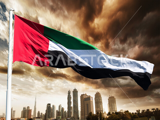 النهضة الاقتصادية والتطور العمراني في البلاد، علم دولة الإمارات العربية المتحدة يرفرف في السماء، تصوير جوي للمباني والأبراج وناطحات السحاب، معالم وأماكن سياحية مشهورة