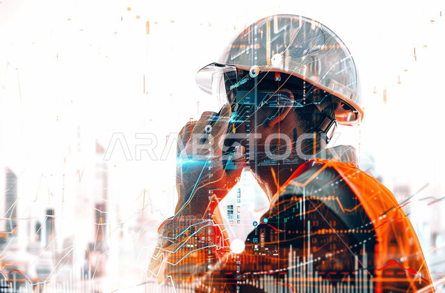 استخدام الأجهزة والتقنيات الحديثة في الأعمال الهندسية, صورة مقربة من الجانب لمهندس عربي خليجي سعودي مبتسم يرتدي السترة وخوذة الحماية يقوم باجراء مكالمة هاتفية, رموز وأيقونات بتقنية الهولوجرام, الإشراف على خطة الانتاج ومتابعة شؤون العمل الهندسي
