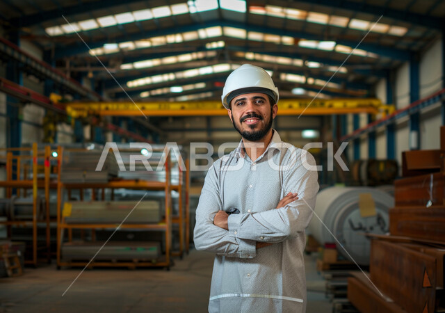 العمل في مصانع ومعامل المملكة العربية السعودية، متابعة ومراقبة عمليات الانتاج وسير عمل الآلات، وظائف ومهن هندسية شبابية، صورة مقربة لمهندس صناعي عربي خليجي سعودي مبتسم يرتدي السترة البيضاء وخوذة الحماية يقف بأيدي متقاطعة داخل المصنع