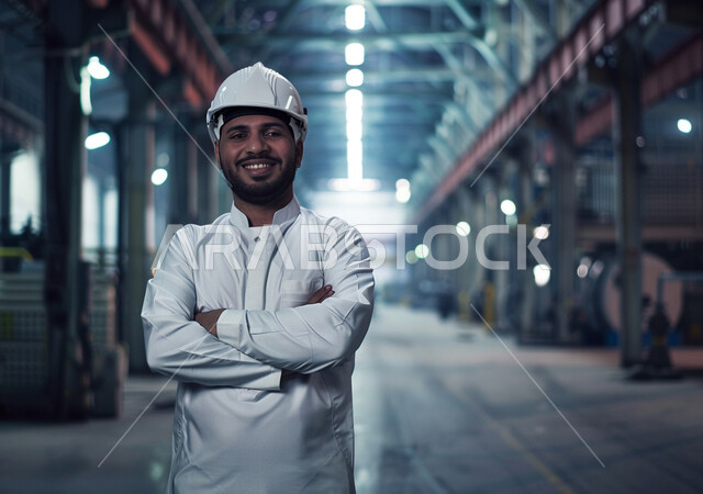 متابعة ومراقبة عمليات الانتاج وسير عمل الآلات، وظائف ومهن هندسية شبابية، العمل في مصانع ومعامل المملكة العربية السعودية، صورة مقربة لمهندس صناعي عربي خليجي سعودي مبتسم يرتدي السترة البيضاء وخوذة الحماية يقف بأيدي متقاطعة داخل المصنع