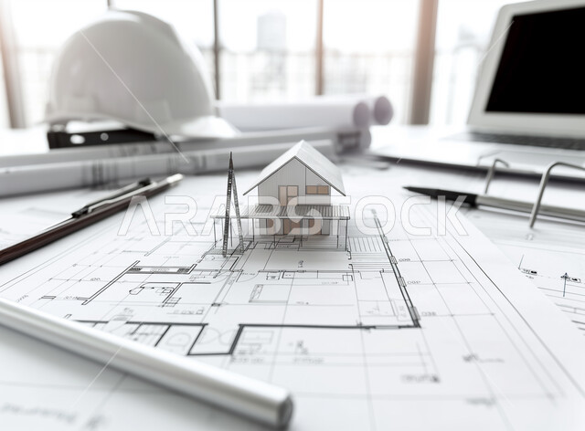 متابعة الأعمال والتصاميم عبر جهاز الحاسوب المحمول، مهن ووظائف هندسية سعودية، خوذة الوقاية البيضاء على المكتب، المعدات والأدوات ومخططات البناء على طاولة مكتبية، إنجاز مهام العمل ورسم المشاريع بتقنيات حديثة