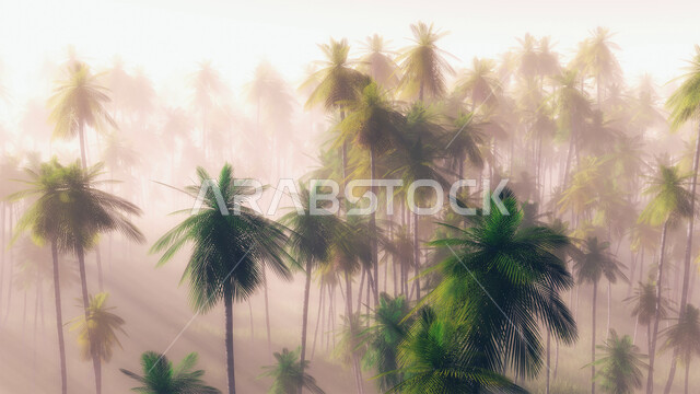 Leaning palm trees in the middle of winter conditions and strong winds in Dubai and Abu Dhabi, foggy conditions in winter in the United Arab Emirates, nature background