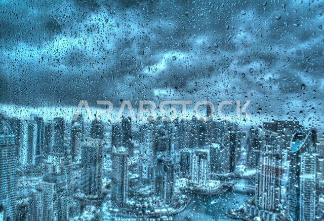 السماء المليئة بالسحب والغيوم، هطول الأمطار في فصل الشتاء، النمو والتقدم العمراني، الفن الهندسي للأبراج وناطحات السحاب على الطراز الحديث، ، صورة جوية للأبراج وناطحات السحاب مستقبلا