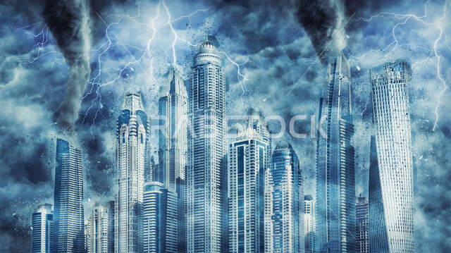 الاجواء الشتوية القاسية، النمو والتقدم العمراني، منظر البرق والرعد في سماء الامارات العربيه المتحده، الفن الهندسي للأبراج وناطحات السحاب على الطراز الحديث، صورة جوية للأبراج وناطحات السحاب مستقبلا