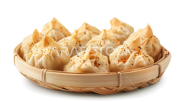 أطباق تقليدية مزينة بالبهارات، وصفات شرقية شهية، وجبة فطائر المانتو ديمسوم المحشو باللحم، طعام المنتو السعودي، فنون التقديم في مطابخ ومطاعم المملكة، خلفية بيضاء