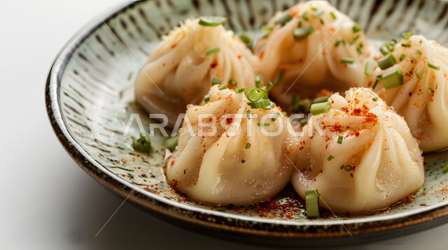 فنون التقديم في مطابخ ومطاعم المملكة، وصفات شرقية شهية، أطباق تقليدية مزينة بالبهارات والبقدونس، قطع من فطائر المانتو ديمسوم المحشو باللحم، طعام المنتو السعودي، خلفية بيضاء