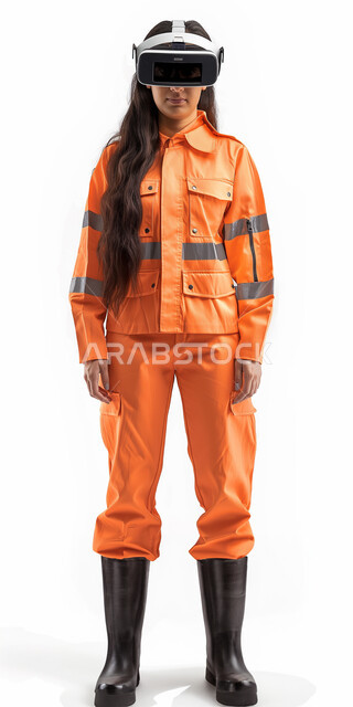 مفهوم دمج العمل بالتقنية والتكنولوجيا، بورتريه لمهندسة عربية خليجية سعودية ترتدي اللباس الآمن و نظارة الواقع الافتراضي ، استخدام التقنيات الإلكترونية الحديثة، صورة الجسم بالطول الكامل، خلفية بيضاء