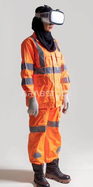 The concept of integrating work with technology and technology, a portrait of a veiled Saudi Arabian Gulf engineer wearing a safe dress and virtual reality glasses, using modern electronic technologies, full-length body image, white background