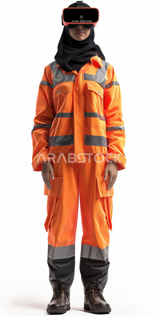 مفهوم دمج العمل بالتقنية والتكنولوجيا، بورتريه لمهندسة عربية خليجية سعودية محجبة ترتدي اللباس الآمن و نظارة الواقع الافتراضي ، استخدام التقنيات الإلكترونية الحديثة، صورة الجسم بالطول الكامل، خلفية بيضاء