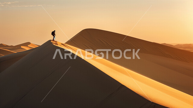 منظر غروب الشمس على الرمال الذهبية الناعمة والتضاريس الصحراوية, صورة من الخلف لرجل عربي خليجي سعودي وسط التلال والكثبان الرملية في صحراء المملكة العربية السعودية، المناظر الطبيعية المتميزة