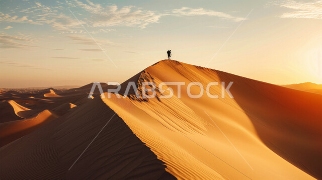 منظر غروب الشمس على الرمال الذهبية الناعمة والتضاريس الصحراوية, صورة من الخلف لرجل عربي خليجي سعودي وسط التلال والكثبان الرملية في صحراء المملكة العربية السعودية، المناظر الطبيعية المتميزة