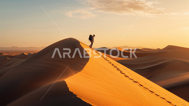 منظر غروب الشمس على الرمال الذهبية الناعمة والتضاريس الصحراوية, صورة من الخلف لرجل عربي خليجي سعودي وسط التلال والكثبان الرملية في صحراء المملكة العربية السعودية، المناظر الطبيعية المتميزة