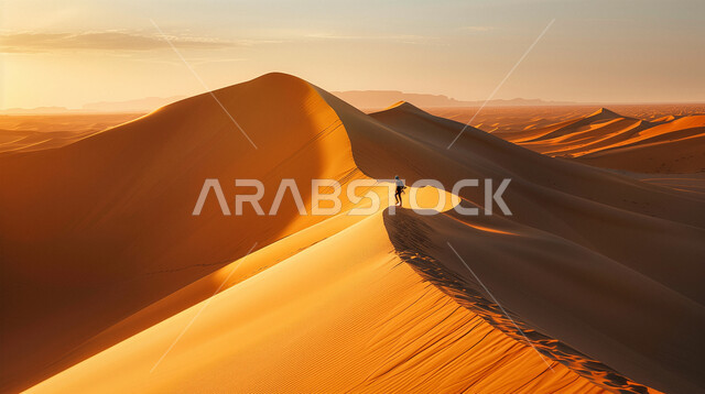 منظر غروب الشمس على الرمال الذهبية الناعمة والتضاريس الصحراوية, صورة من الخلف لرجل عربي خليجي سعودي وسط التلال والكثبان الرملية في صحراء المملكة العربية السعودية، المناظر الطبيعية المتميزة