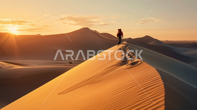 منظر غروب الشمس على الرمال الذهبية الناعمة والتضاريس الصحراوية, صورة من الخلف لرجل عربي خليجي سعودي وسط التلال والكثبان الرملية في صحراء المملكة العربية السعودية، المناظر الطبيعية المتميزة