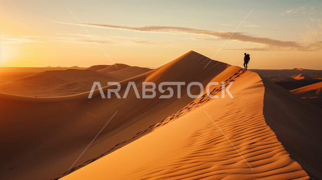 المناظر الطبيعية المتميزة, صورة من الخلف لرجل عربي خليجي سعودي وسط التلال والكثبان الرملية في صحراء المملكة العربية السعودية، ، منظر غروب الشمس على الرمال الذهبية الناعمة والتضاريس الصحراوية