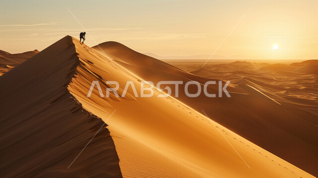 المناظر الطبيعية المتميزة, صورة من الخلف لرجل عربي خليجي سعودي وسط التلال والكثبان الرملية في صحراء المملكة العربية السعودية، ، منظر غروب الشمس على الرمال الذهبية الناعمة والتضاريس الصحراوية