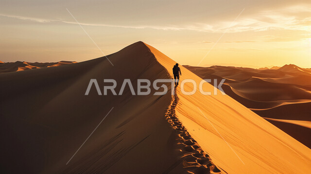 المناظر الطبيعية المتميزة, صورة من الخلف لرجل عربي خليجي سعودي وسط التلال والكثبان الرملية في صحراء المملكة العربية السعودية، ، منظر غروب الشمس على الرمال الذهبية الناعمة والتضاريس الصحراوية