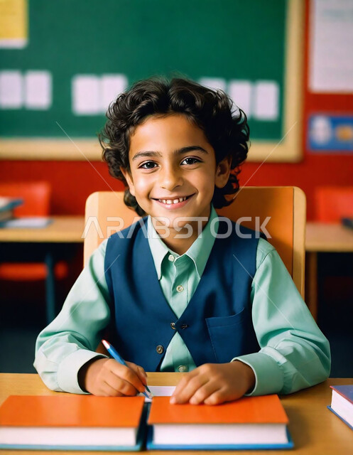 Education according to the curricula prescribed for students in the Kingdom of Saudi Arabia, expressions and gestures of concentration and integration, receiving information inside the classroom, a Saudi Gulf Arab student wearing the traditional dress sitting on the school desk