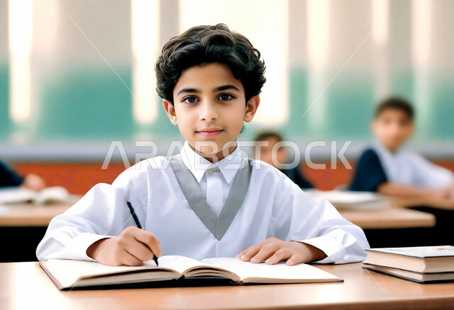 تعابير وايماءات التركيز والاندماج، تلقي المعلومات داخل الفصل الدراسي، طالب عربي خليجي سعودي يرتدي الثوب التقليدي يجلس على المقعد الدراسي، التربية والتعليم بالمناهج المقررة للطلاب في المملكة العربية السعودية