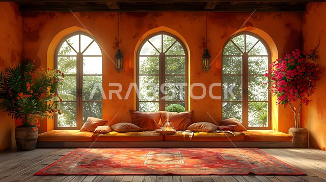 واجهه زجاجية مطلة على الاشجار والنباتات الخضراء، التصاميم الداخلية لغرف الجلوس على الطراز العربي الاسلامي، غرفة معيشة مع أثاث منزلي ومجالس عربية تقليدية، تحف واكسسوارات أنيقة، ديكور داخلي راقي للفلل والشقق السكنية في المملكة العربية السعودية