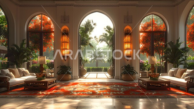 التحف والأكسسوارات العصرية مع نبات الزينة، الفن الهندسي المعماري لغرف الجلوس على الطراز العربي الاسلامي، غرفة معيشة بتصميم حديث ونوافذ كبيرة لمنزل عربي خليجي سعودي فاخر، أثاث كلاسيكي أنيق بألوان فاتحة