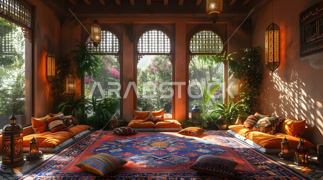 Elegant antiques and accessories, sophisticated interior decor for villas and residential apartments in the Kingdom of Saudi Arabia, a glass facade overlooking trees and green plants, interior designs for living rooms in the Arab-Islamic style, a living room with home furniture and traditional Arabic sitting rooms.