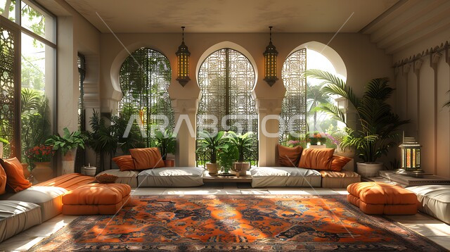 A glass facade overlooking trees and green plants, interior designs for living rooms in the Arab-Islamic style, a living room with home furniture and traditional Arabic sitting rooms, elegant antiques and accessories, sophisticated interior decor for villas and residential apartments in the Kingdom of Saudi Arabia