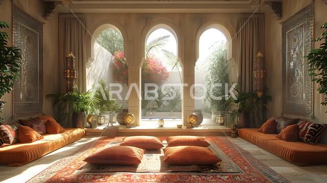 الهندسة الفنية المعمارية على الطراز المزخرف القديم، مجالس عربية تقليدية وغرفة جلوس مع أثاث منزلي،  تحف واكسسوارات أنيقة، ديكور داخلي راقي للفلل والشقق السكنية في المملكة العربية السعودية،  واجهه زجاجية مطلة على الاشجار والنباتات الخضراء