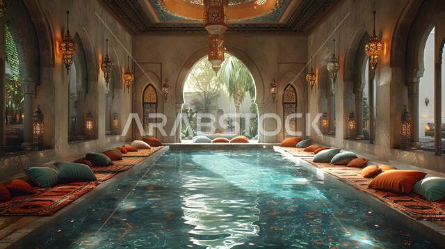 Glass window overlooking trees and green plants, architectural art for living rooms in the Arab-Islamic style, traditional Arabic sitting rooms and living room with home furniture, elegant antiques and accessories, sophisticated interior decor for villas and residential apartments in the Kingdom of Saudi Arabia