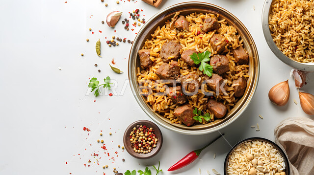 طبق من أرز المندي مع الدجاج المشوي والخضار الطازجة، صحن من رز الكبسة، وصفات الطعام الشعبية الشهية، فنون تقديم الطعام في المطاعم الشرقية، مأكولات وأطباق عربية سعودية تقليدية، خلفية بيضاء