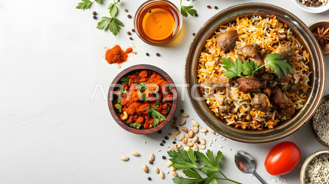 طبق من أرز المندي مع الدجاج المشوي والخضار الطازجة، صحن من رز الكبسة، وصفات الطعام الشعبية الشهية، فنون تقديم الطعام في المطاعم الشرقية، مأكولات وأطباق عربية سعودية تقليدية، خلفية بيضاء
