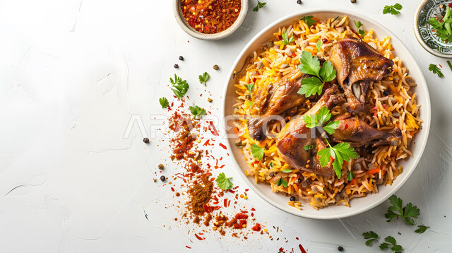 A plate of mandi rice with grilled chicken and fresh vegetables, a ...