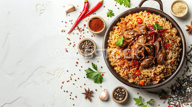 فنون تقديم الطعام في المطاعم الشرقية، مأكولات وأطباق عربية سعودية تقليدية، طبق من أرز المندي مع الدجاج المشوي والخضار الطازجة، صحن من رز الكبسة، وصفات الطعام الشعبية الشهية، خلفية بيضاء