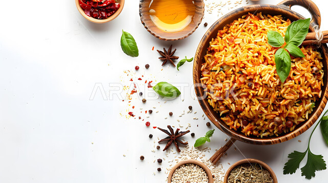 طبق من أرز المندي مع الدجاج المشوي والخضار الطازجة، صحن من رز الكبسة، وصفات الطعام الشعبية الشهية، فنون تقديم الطعام في المطاعم الشرقية، مأكولات وأطباق عربية سعودية تقليدية، خلفية بيضاء