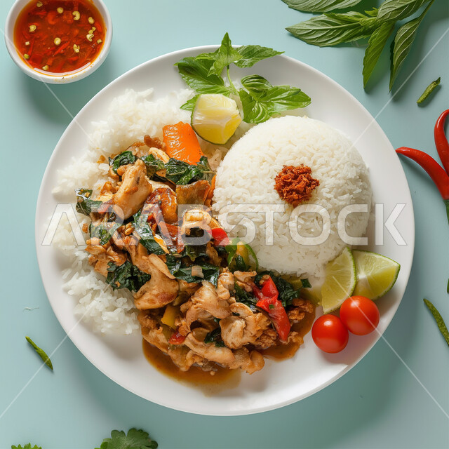 طبق من الأرز مع الدجاج المطهي والخضراوات، وصفات طعام المطبخ السعودي، المطاعم والمأكولات الشرقية الشهية، وجبات وأطباق عربية تقليدية شعبية, وجبة غداء صحية