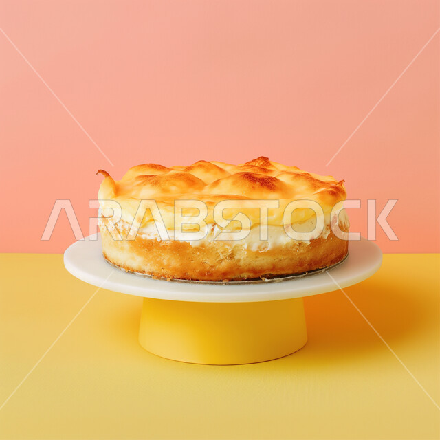 Cheesecake with layers of cream and cheese, a delicious piece of cheesecake decorated with fruit pieces, sweets and sugars, delicious oriental dessert pieces, a cold and delicious dessert.