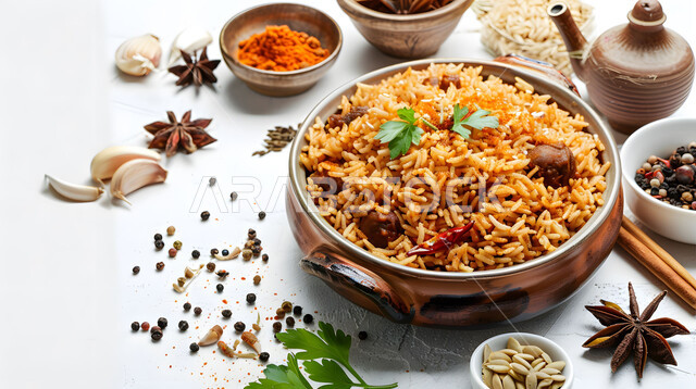تقديم وجبات الأطعمة الشرقية اللذيذة، صحن من رز الكبسة، وصفات الطعام الصحية الشهية، طبق من أرز البرياني مع قطع من اللحم المشوي والتوابل، أطباق ومأكولات عربية تقليدية، خلفية بيضاء