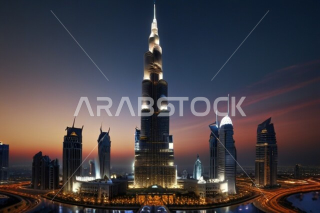 برج خلفية في دبي، الفن الهندسي المعماري للمباني والمنشآت السكنية والتجارية المضاءة في المساء، التقدم والتوسع العمراني في دولة الإمارات العربية المتحدة، صورة جوية للأبراج وناطحات السحاب