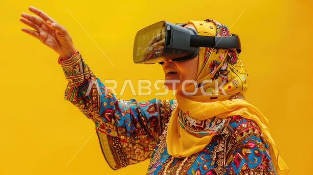 Interaction and integration with virtual reality, modern and advanced science and technology, close-up portrait of a veiled Saudi Gulf Arab woman wearing 3D glasses looking and pointing at something, simulating the imaginary world, yellow background