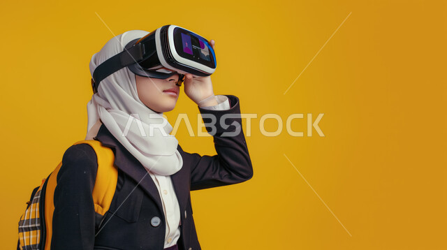 Integration and interaction with virtual reality, modern and advanced science and technology, close-up portrait of a veiled Saudi Gulf Arab young woman wearing 3D glasses looking and pointing at something, simulating the imaginary world, yellow background