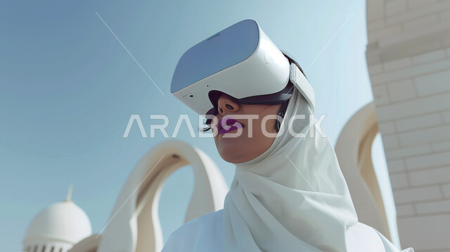 العلوم والتكنولوجيا الحديثة والمتطورة, الاندماج والتفاعل مع الواقع الافتراضي, صورة مقربة لشابة عربية خليجية سعودية محجبة ترتدي نظارة ثلاثية الأبعاد تقوم بالنظر إلى شيء ما، محاكاة العالم الخيالي، خلفية قبة مسجد في الهواء الطلق