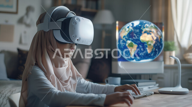 Simulation of the imaginary world, modern and advanced science and technology, integration and interaction with virtual reality, a close-up image of a veiled Saudi Arabian Gulf girl wearing 3D glasses looking at something, the globe with hologram technology