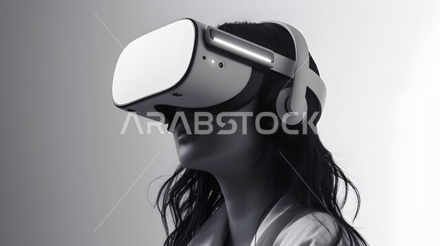Simulating the imaginary world, entertainment, pleasure, and interaction with movies through virtual reality glasses, technical and technological development, close-up portrait of a young Saudi Gulf Arab woman wearing 3D glasses, gray background.