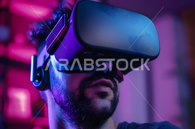 Technical and technological development, interaction, pleasure and entertainment by watching movies through virtual reality glasses, a close-up image of a Saudi Gulf Arab young man wearing 3D glasses, integration and simulation of the imaginary world.