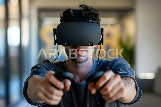 الاستمتاع بقضاء الوقت بلعب الألعاب الالكترونية المتطورة، صورة مقربة لشاب عربي خليجي سعودي يرتدي نظارة الواقع الافتراضي ويحمل بيده جهاز التحكم، رؤية رسومات ثلاثية الأبعاد عبر نظارات العالم الخيالي