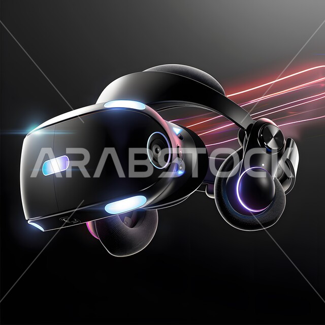 Saudi future vision 2030, development of artificial intelligence technologies and modern innovations, the concept of technical and technological progress, modern and advanced technical devices, a close-up image of 3D virtual reality glasses