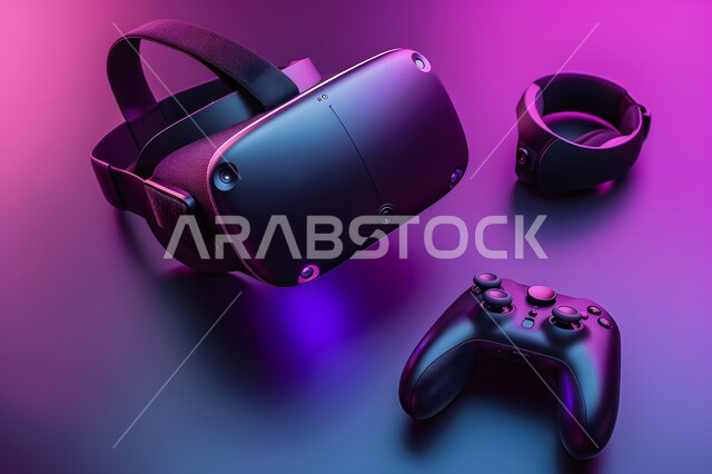 The development of technical devices and artificial intelligence methods, exploration of the imaginary world and outer space, modern electronic games, a close-up of 3D virtual reality glasses and a remote control, modern and advanced science and technology.