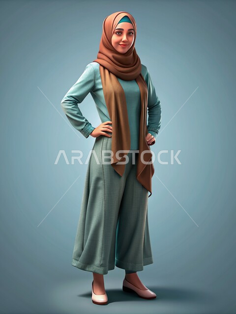 Elegant designs for modern veiled fashion, 3D illustrations of a smiling Saudi Arabian Gulf girl wearing the hijab and abaya looking at the camera with gestures of pleasure, blue background