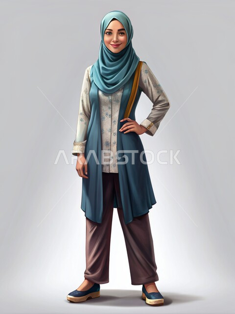 Paying attention to the external appearance, sophisticated designs for modern veiled fashion, three-dimensional illustrations of a smiling Saudi Arabian Gulf woman wearing the hijab looking at the camera with happy gestures, gray background